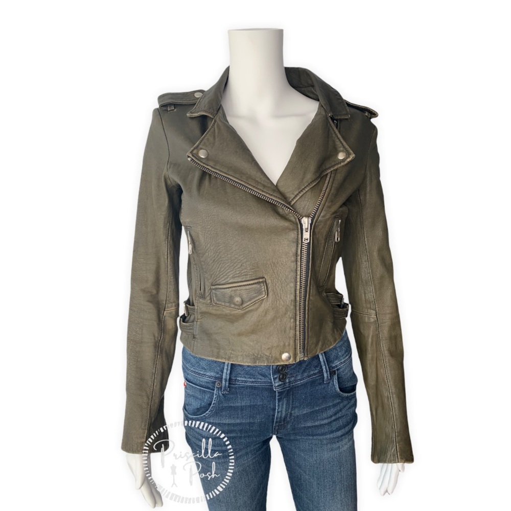 IRO Olive Green Ashville Leather Cropped Distressed Moto Jacket - Picture 6 of 16